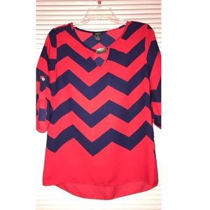 red and navy blue blouse